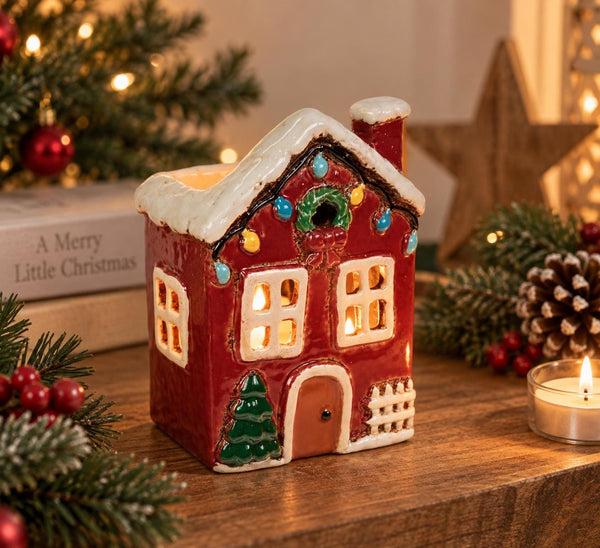 Red Christmas Cottage Tealight House