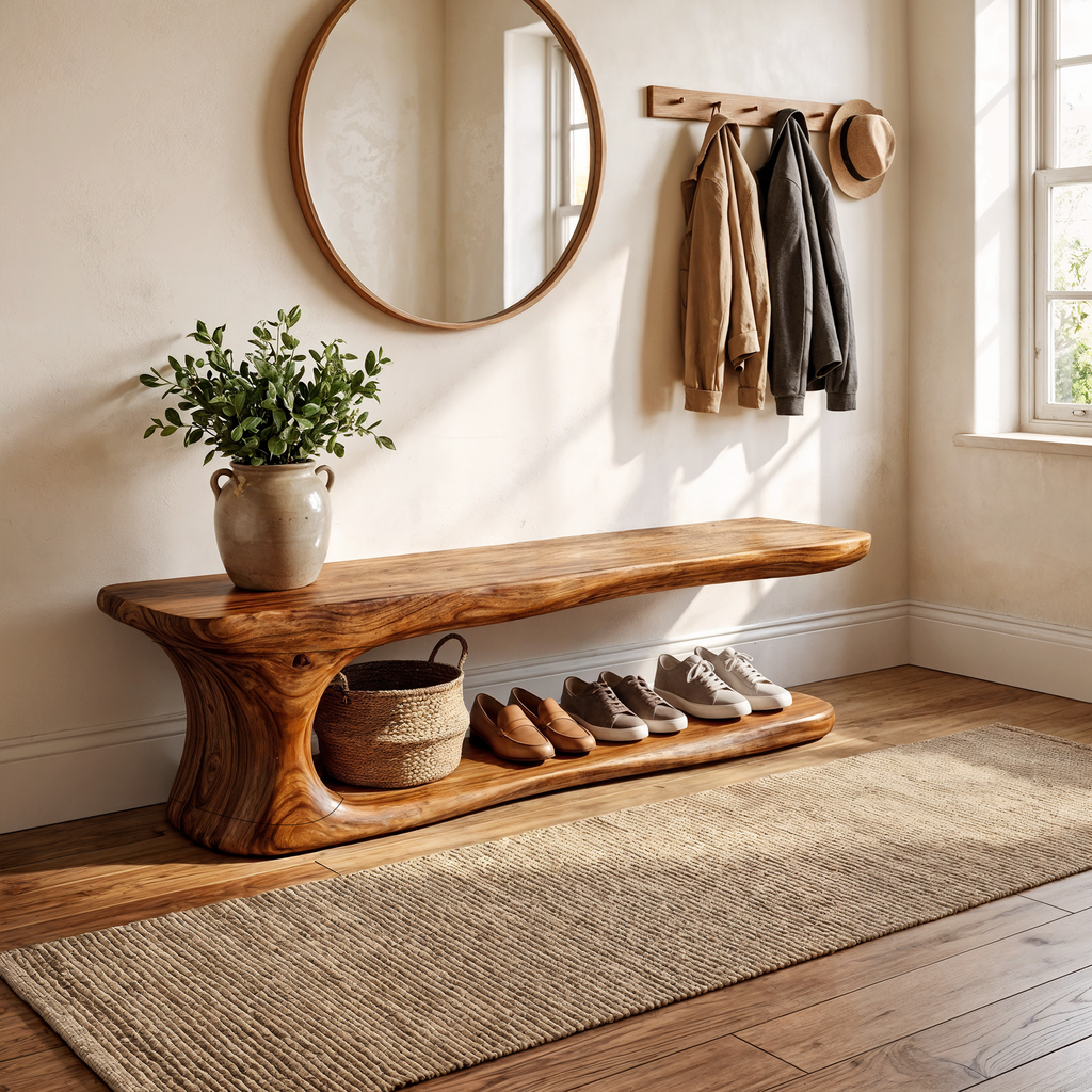 Rustic Live Edge Solid Wood Shoe Bench for Entryway