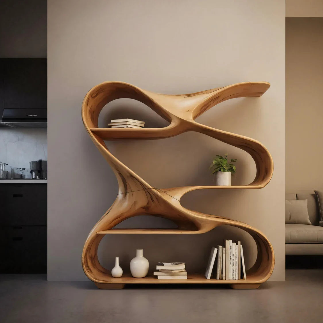 Modern Freeform Sculptural Wood Bookshelf for Office Display - view 3