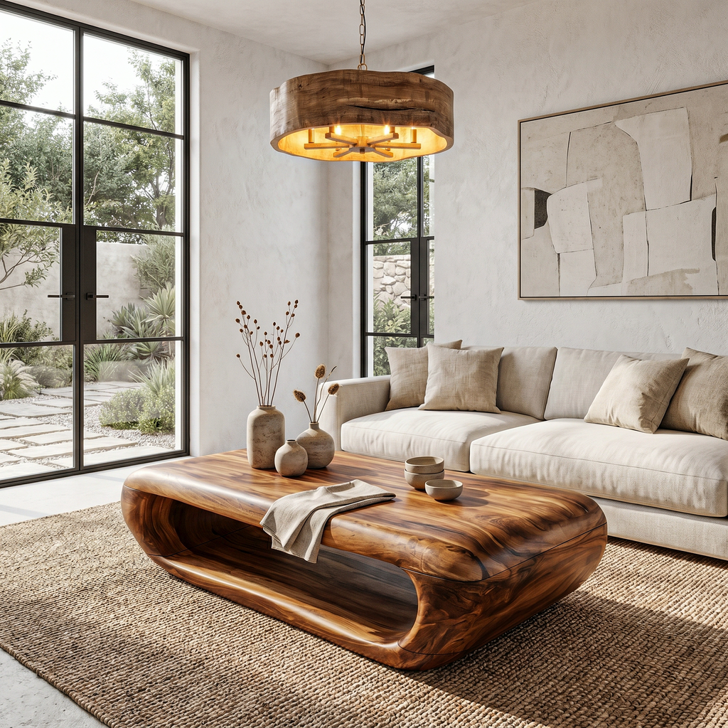 Organic Solid Wood Coffee Table with Built-In Open Storage