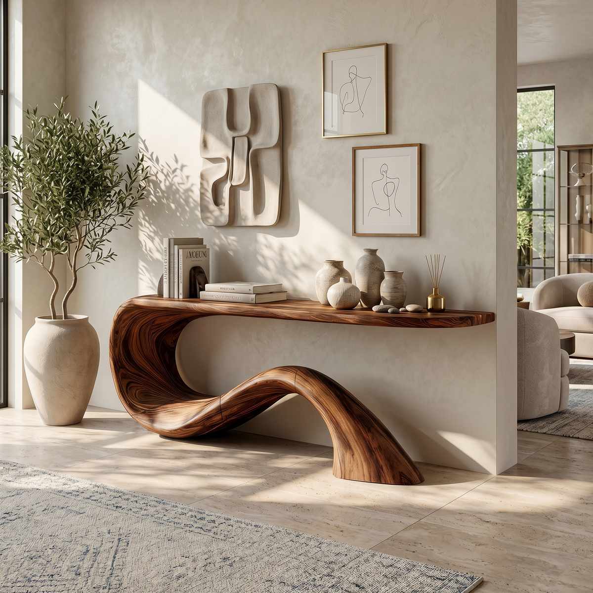 Monkey Pod Live Edge Entryway Console Table, Modern Organic
