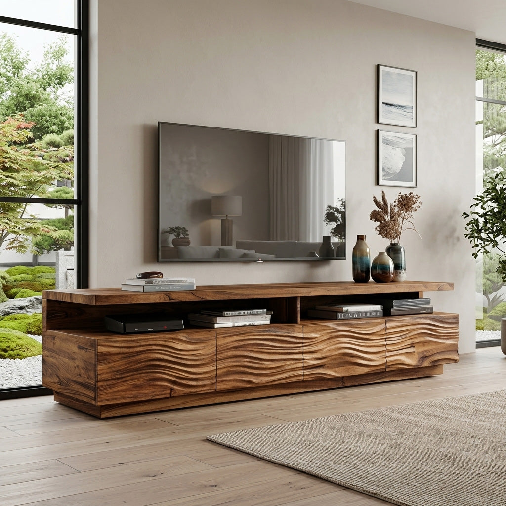 Solid Wood TV Stand with Wave Carved Storage Cabinets