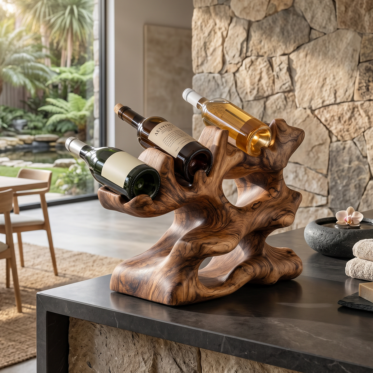 Rustic Monkeypod Wood Countertop Wine Rack for Kitchen Islands