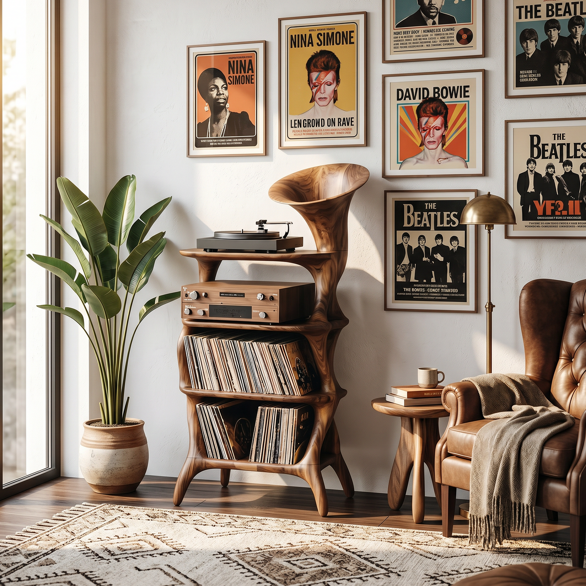 Mid-Century Solid Hardwood Vinyl Record Cabinet with Cube Profile