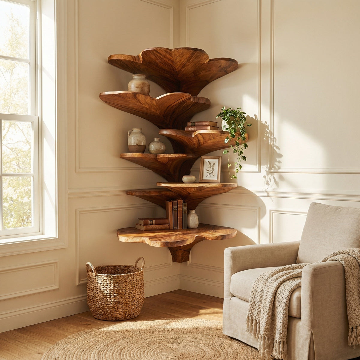 Boho Leaf-Shaped Solid Wood Corner Shelf for Nursery Walls