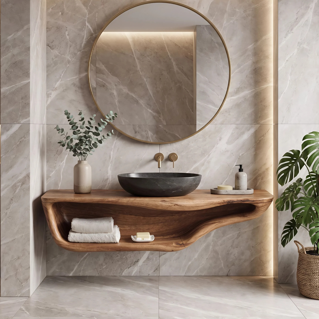 Live Edge Wood Vanity Countertop Shelf for Custom Bathrooms
