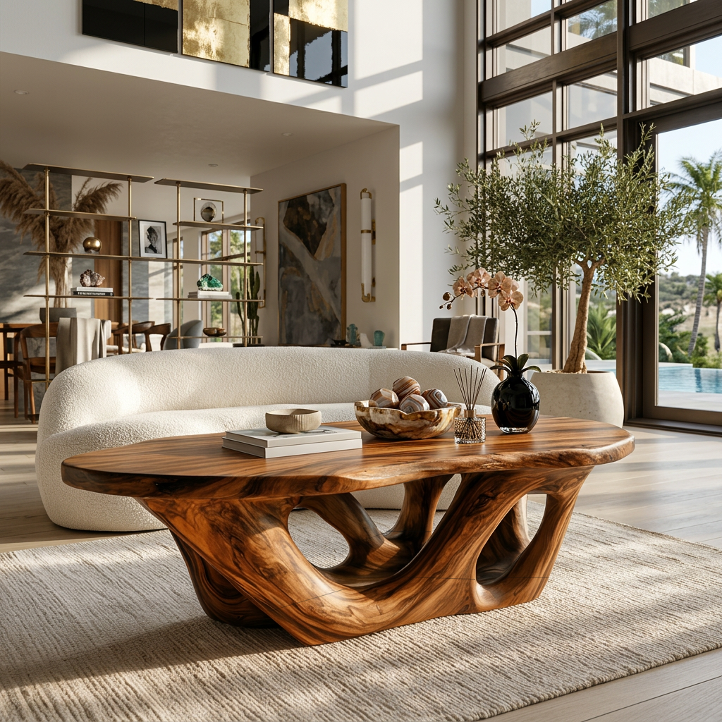 Solid Wood Sculptural Coffee Table with Open Loop Base