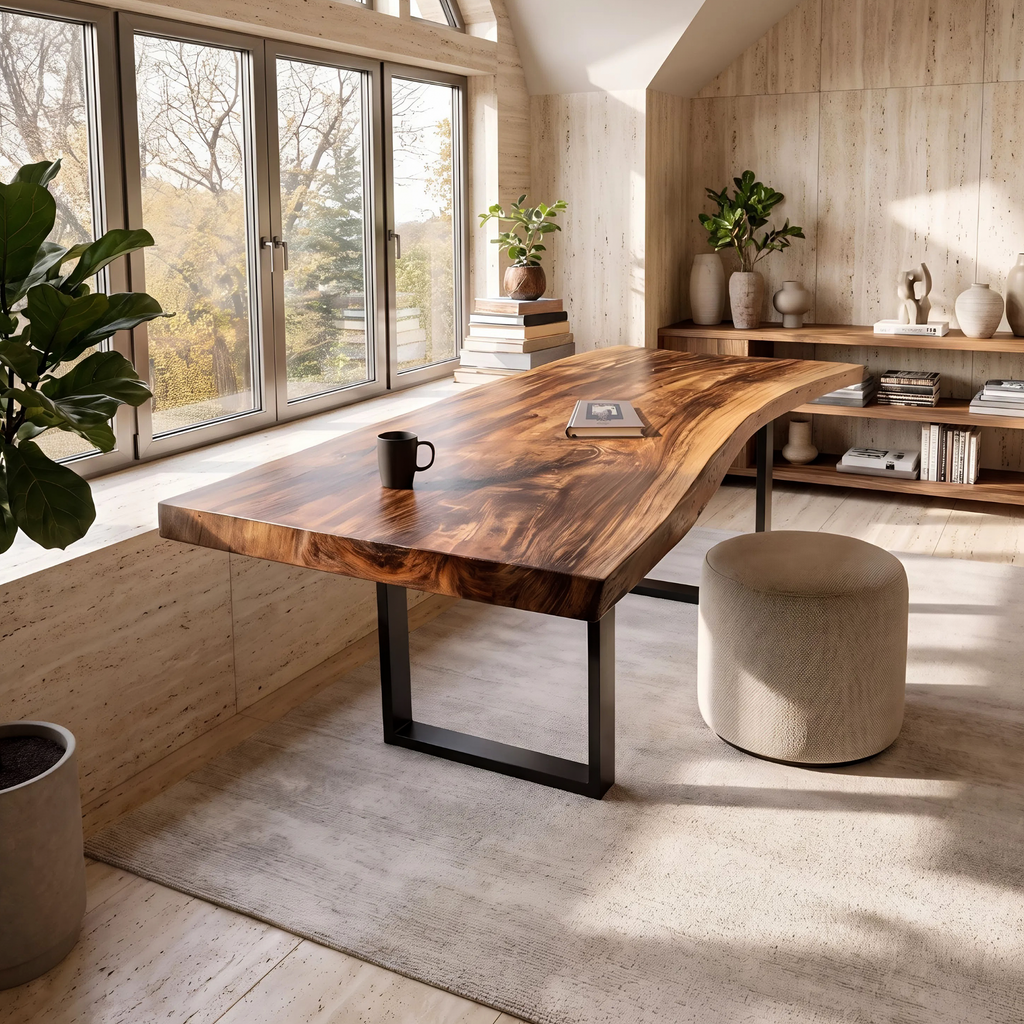 Monkey Pod Live Edge Desk with Mid-Century Base for Home Office