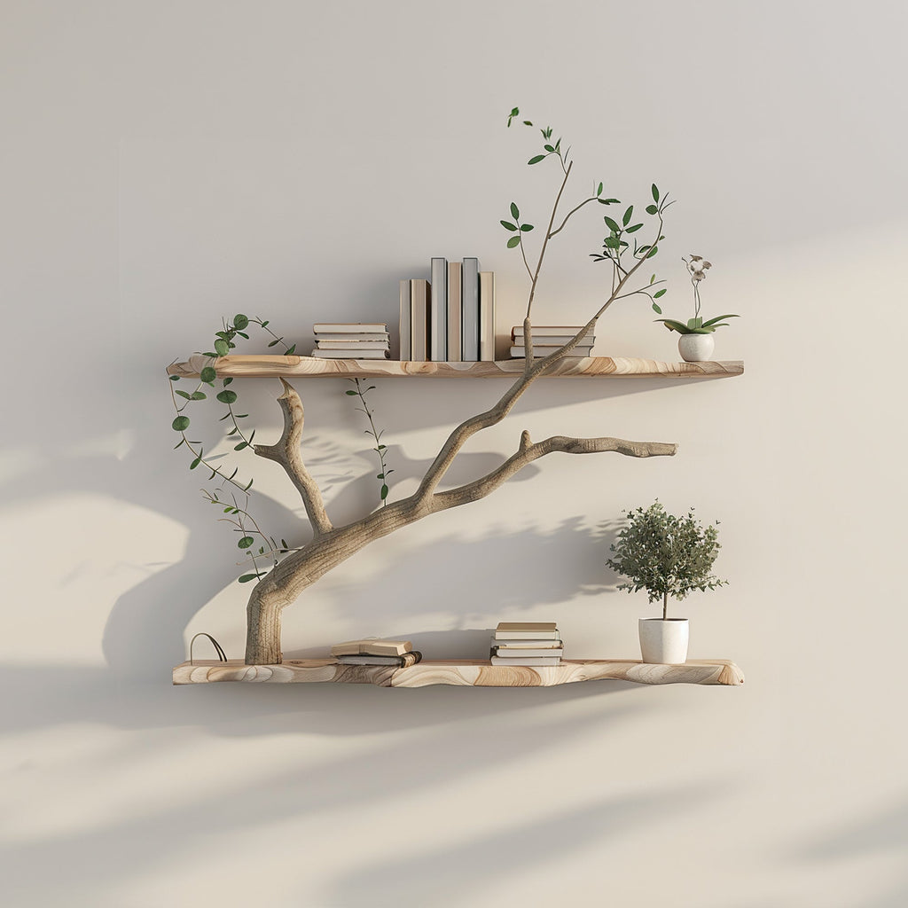 Tree Branch Driftwood Floating Corner Shelf with Live Edge Boards