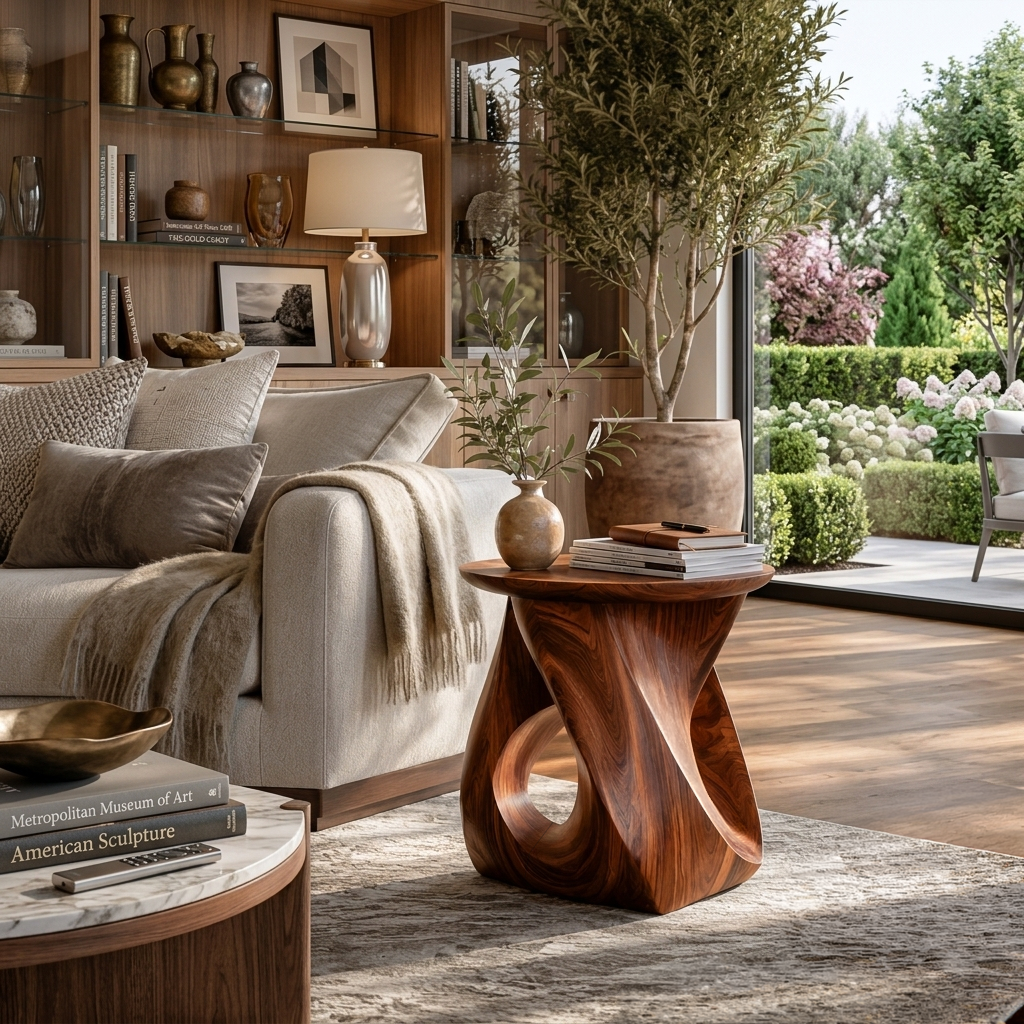 Twisted Sculptural Solid Wood Side Table for Living Room or Bedroom