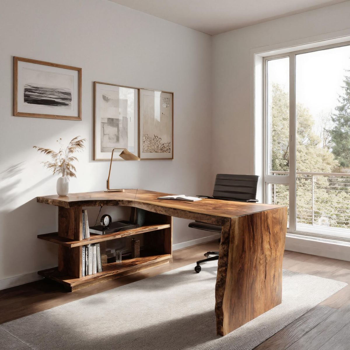 Solid Wood L-Shaped Desk with Built-In Bookshelf and Live Edge