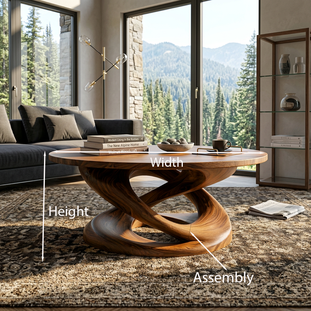 Round Solid Wood Coffee Table with Twisted Sculptural Pedestal - view 8