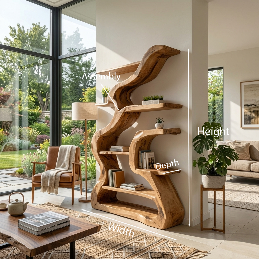 Organic Freestanding Solid Wood Bookshelf with Fluid Curves - view 8