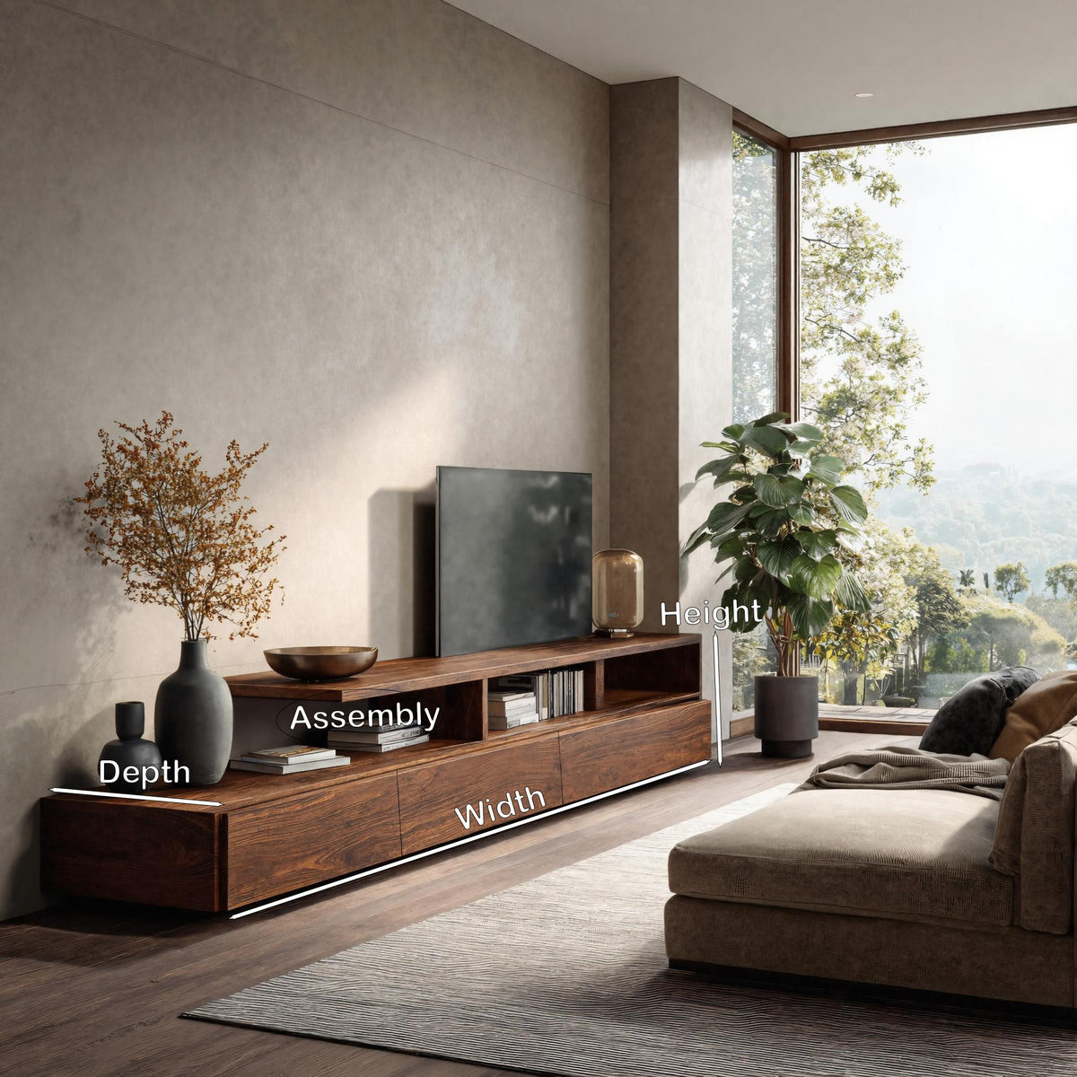 Low Solid Wood TV Console with Open Shelves and Cabinets - view 8