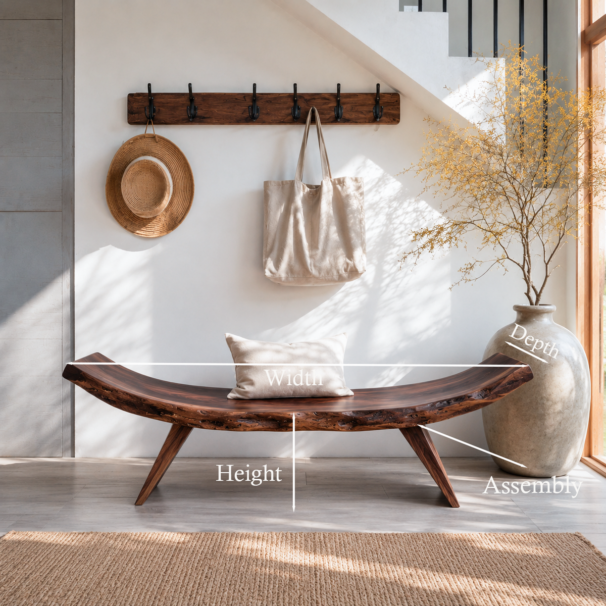 Rustic Live Edge Solid Wood Entryway Bench with Organic Curves - view 8