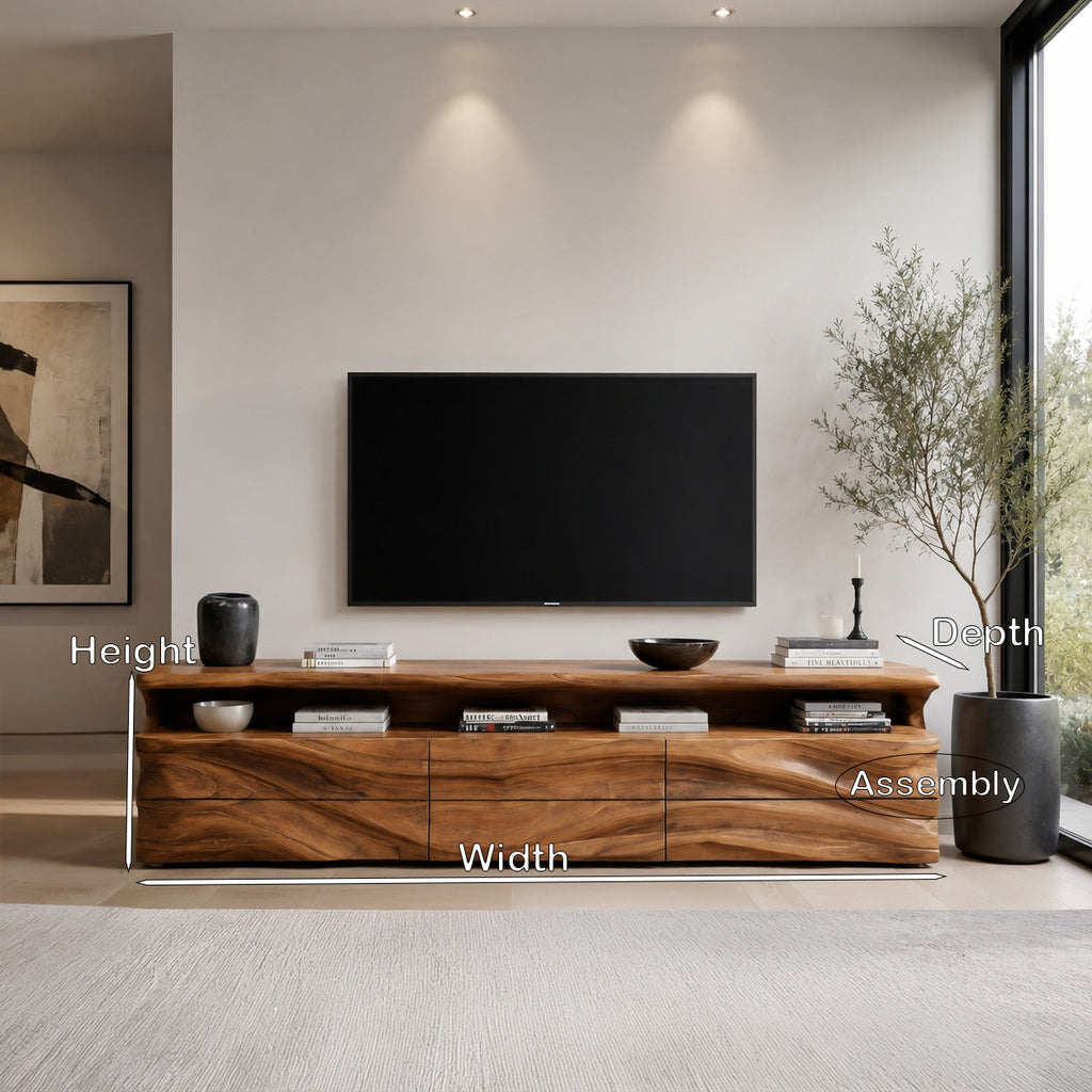 Sculptural Solid Wood TV Console with Shelf and Drawers - view 2