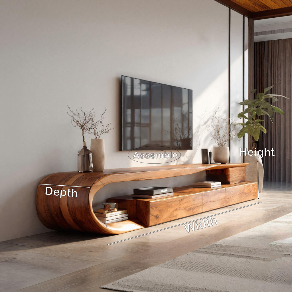 Modern Curved Solid Wood TV Console with Drawers and Open Shelf - view 8