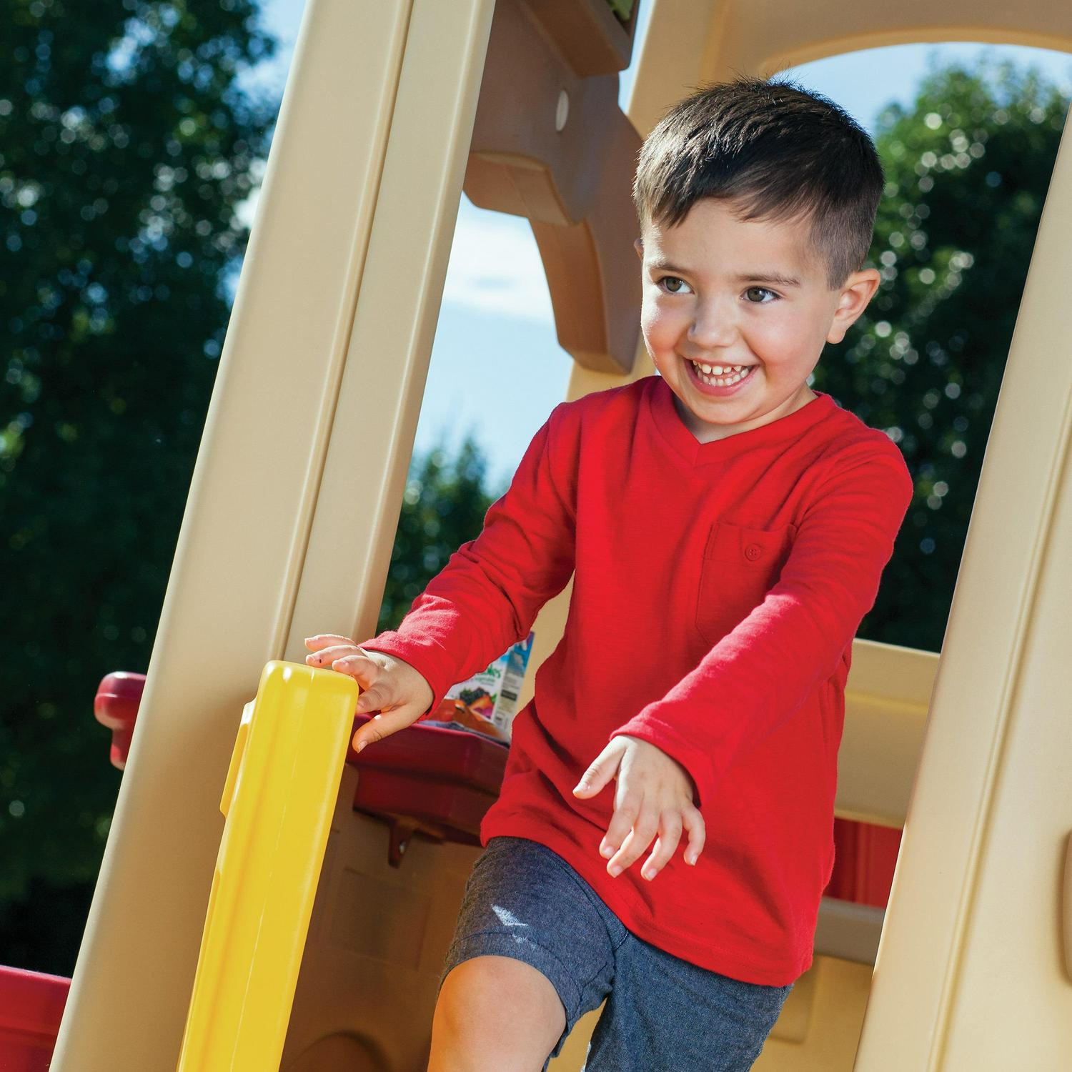 Step2 Neighborhood Fun Center Brown Playhouse with Slide Plastic Kids Outdoor Toys
