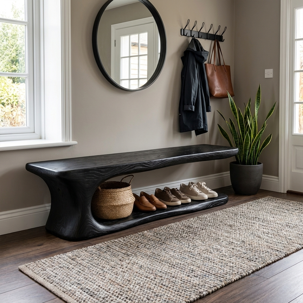 Rustic Live Edge Solid Wood Shoe Bench for Entryway in Black finish