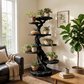 Rustic Solid Wood Tree Plant Shelf with Branch Display Surfaces in Black finish