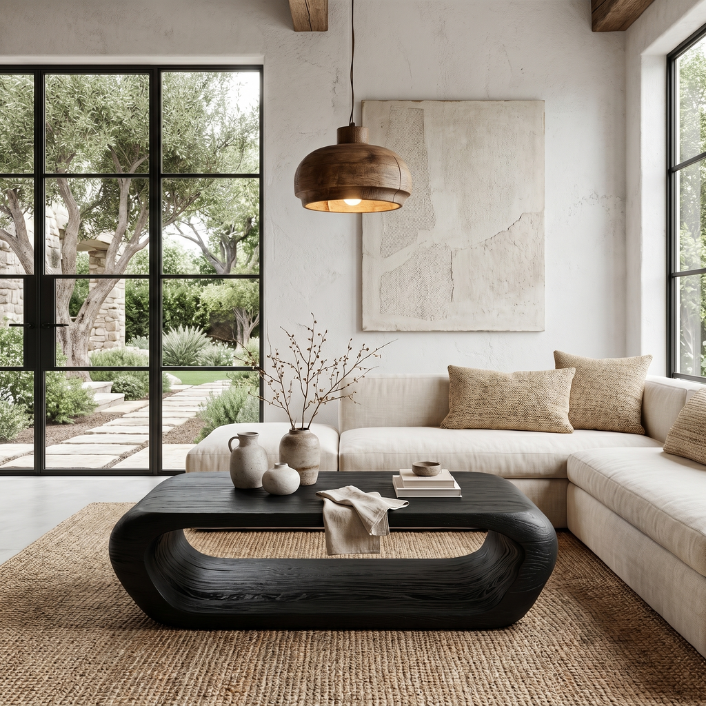 Organic Solid Wood Coffee Table with Built-In Open Storage in Black finish