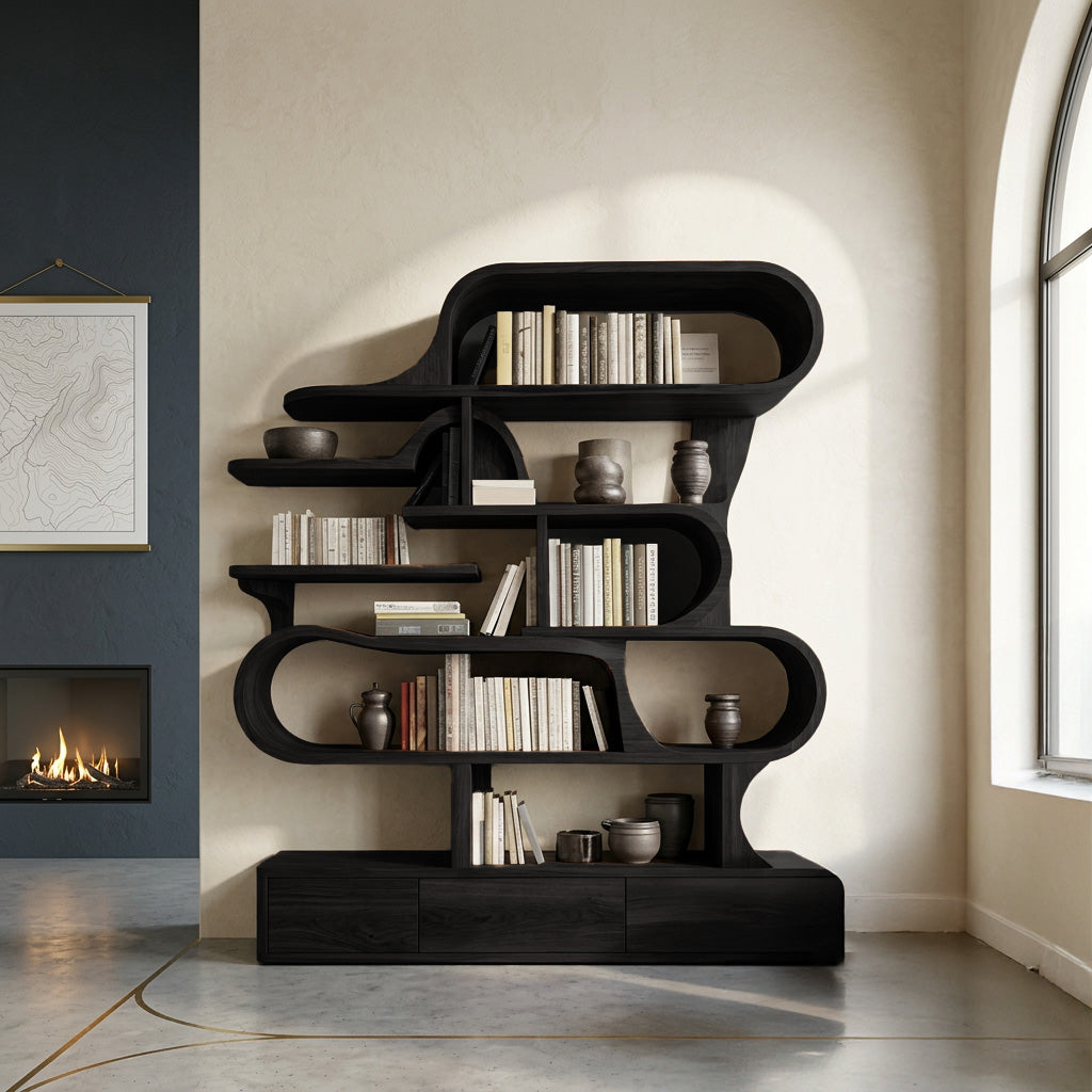 Curved Sculptural Solid Wood Bookshelf with Layered Shelves in Black finish