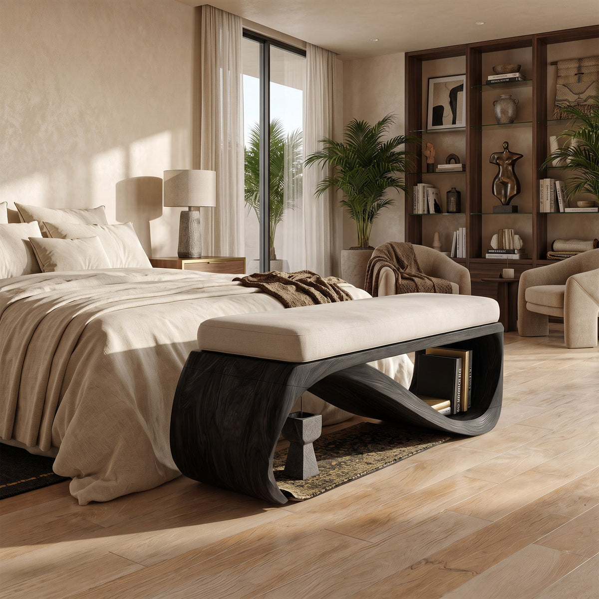 Mid-Century Solid Wood End-of-Bed Bench with Clean Lines in Black finish
