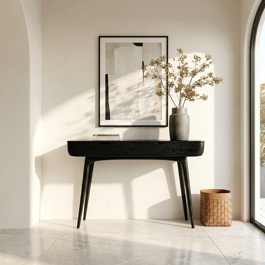Mid-Century Solid Wood Console Table with Slim Drawer and Tapered Legs in Black finish