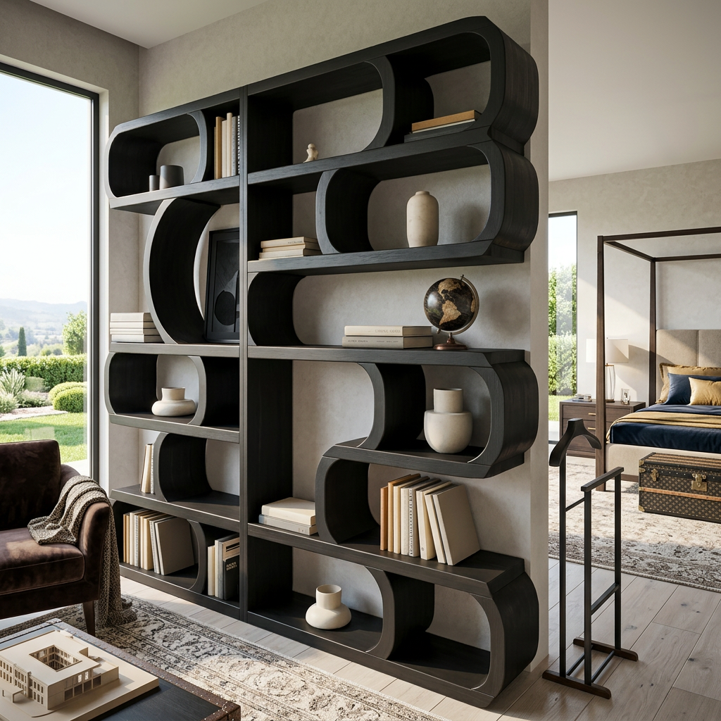 Modern Sculptural Solid Wood Bookshelf with Symmetrical Curves in Black finish