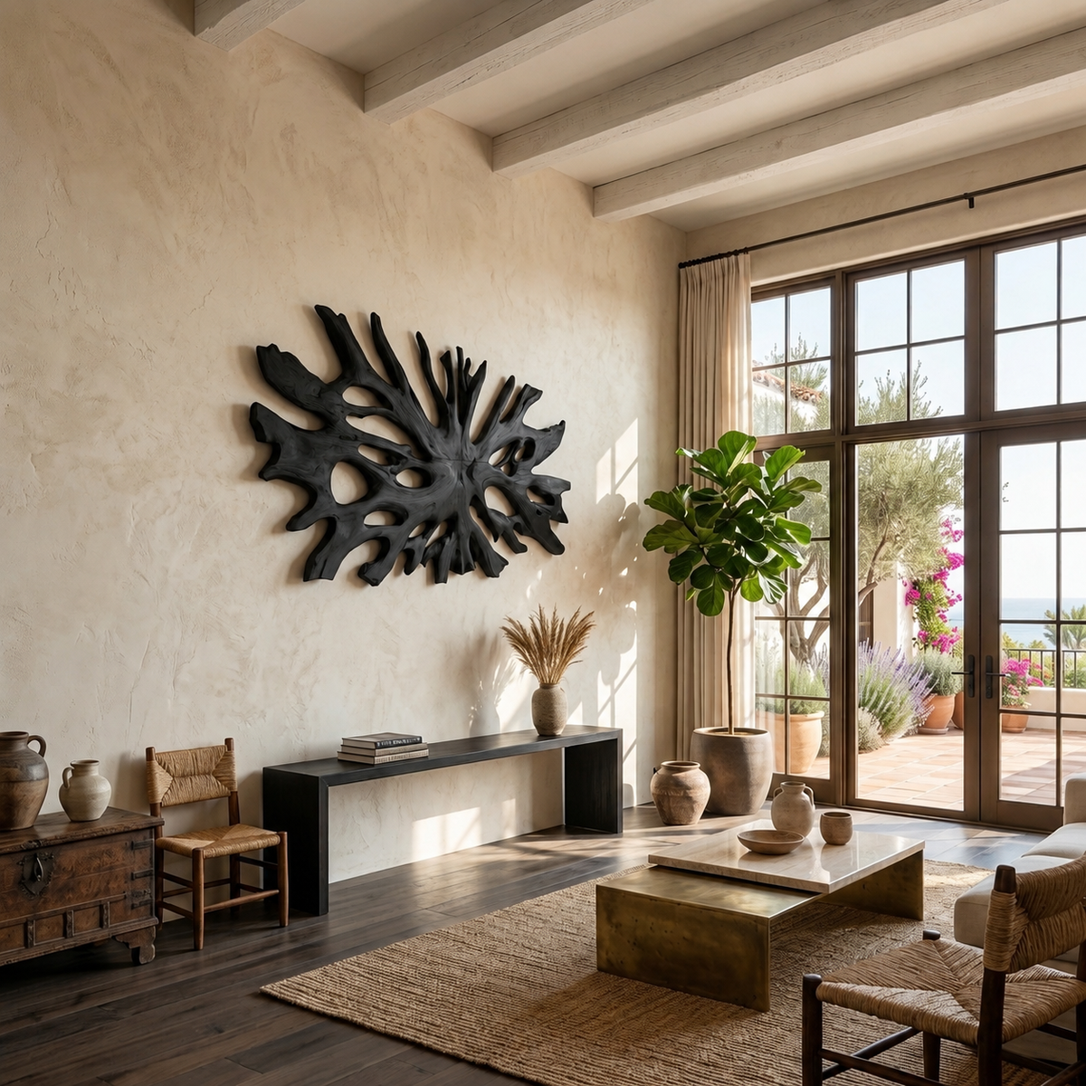 Oversized Root-Form Solid Wood Wall Art for Living Room in Black finish