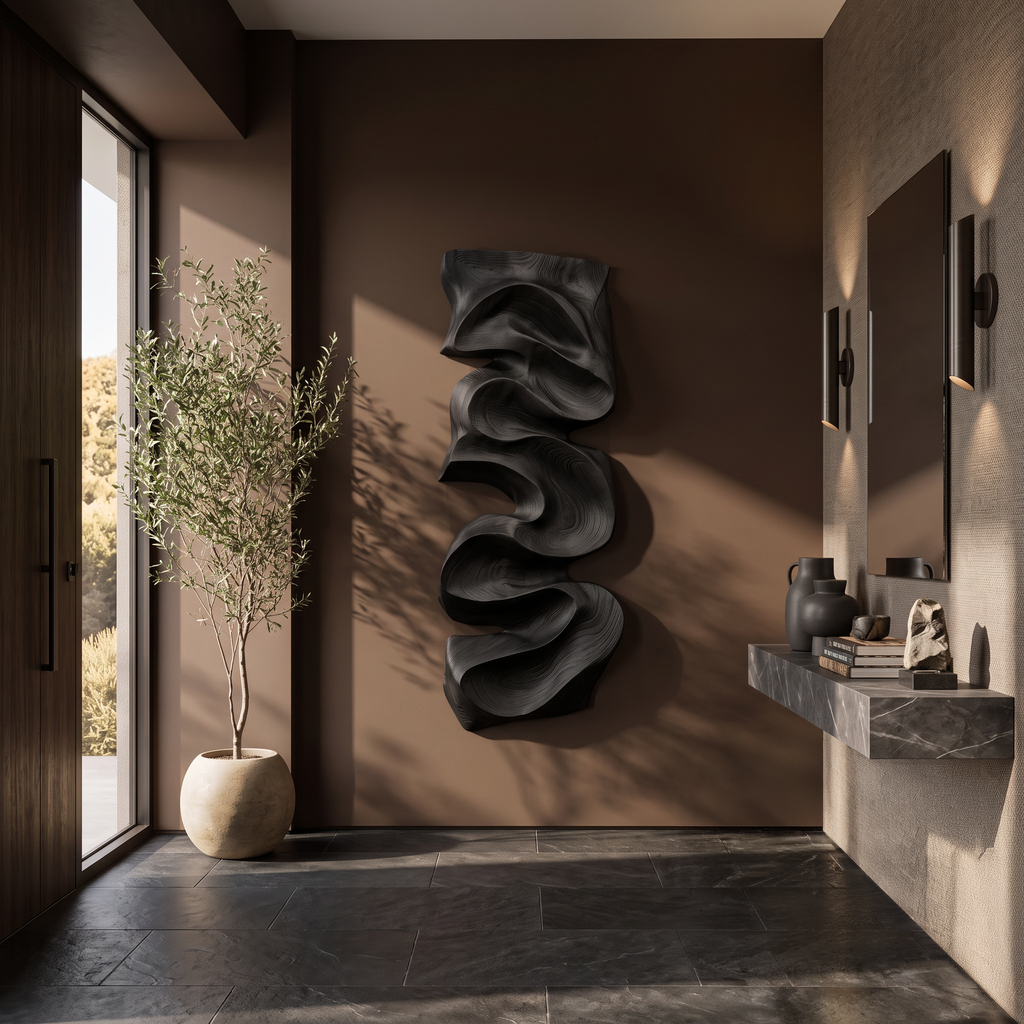 Carved Solid Wood Wall Art Panel with Cascading Curves in Black finish