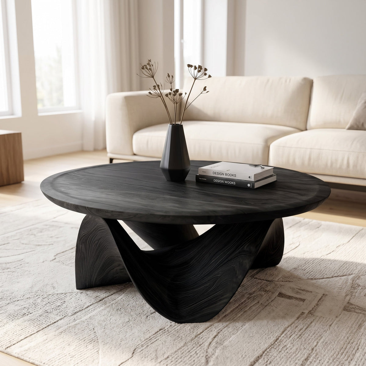 Solid Wood Round Coffee Table with Sculptural Curved Base in Black finish