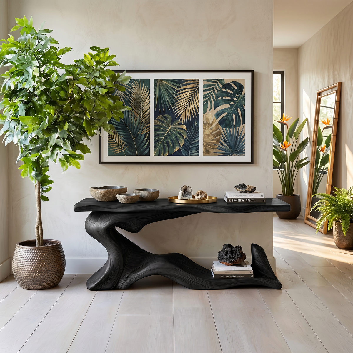 Live Edge Solid Wood Narrow Desk for Entryway or Living Room in Black finish
