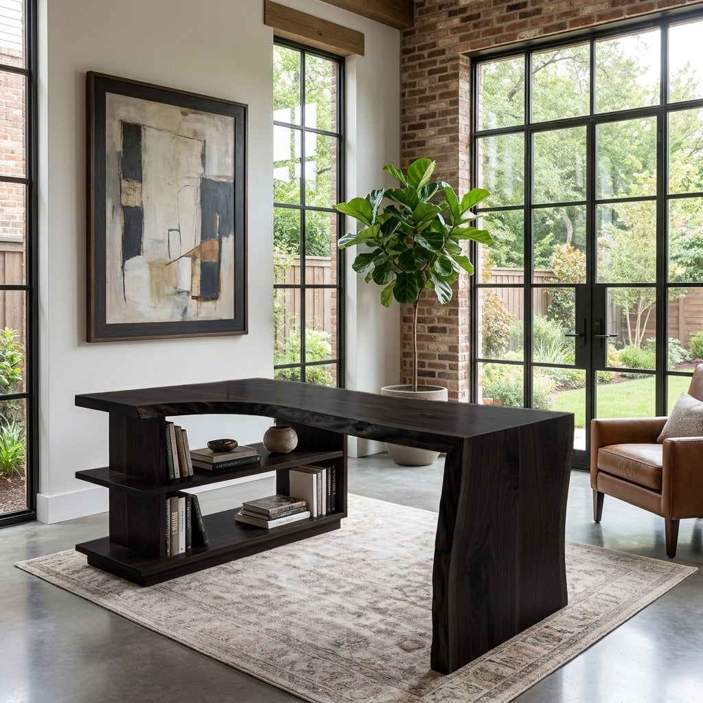 Solid Wood L-Shaped Desk with Built-In Bookshelf and Live Edge in Black finish