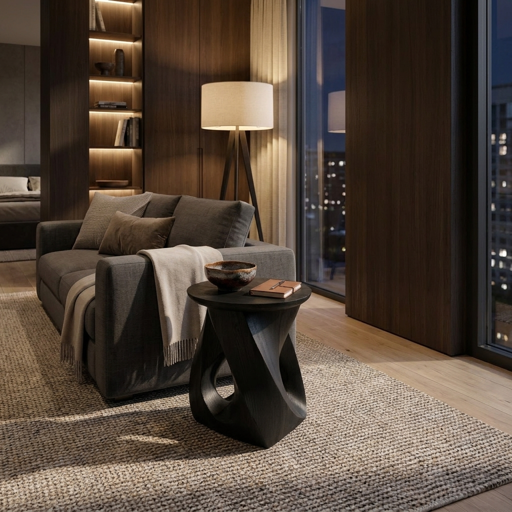 Twisted Sculptural Solid Wood Side Table for Living Room or Bedroom in Black finish