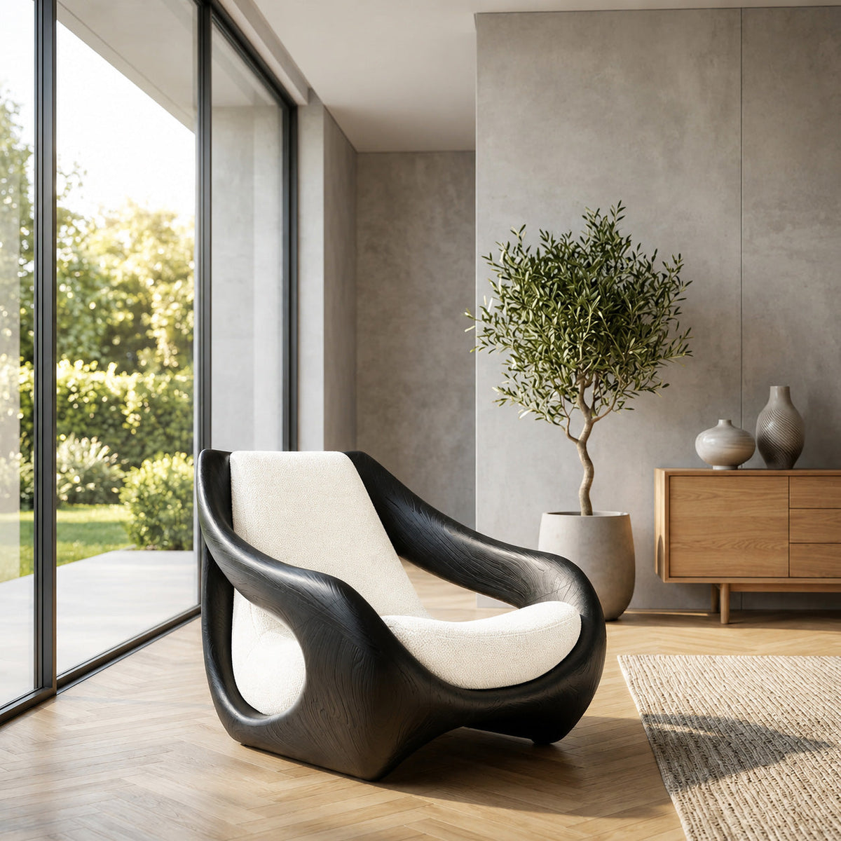 Sculptural Solid Wood Accent Chair with Carved Organic Curves in Black finish