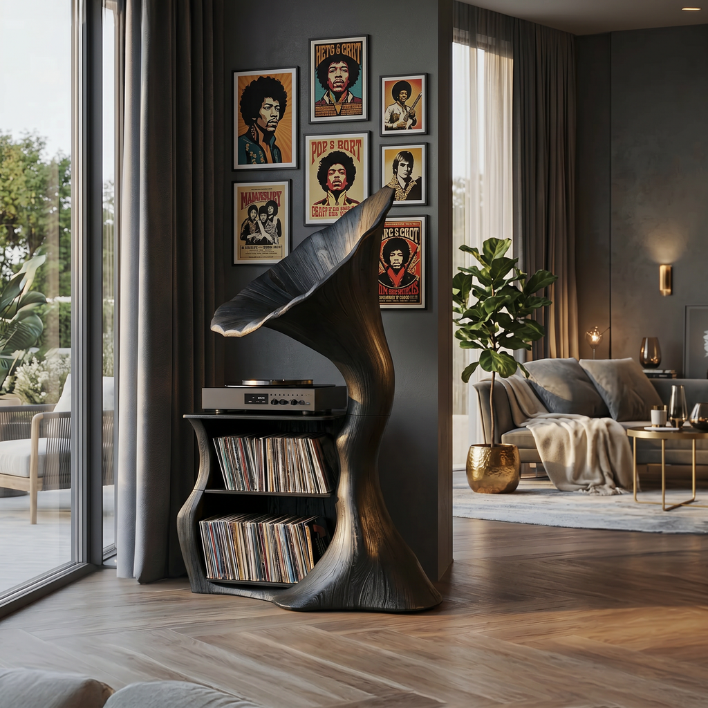 Handcrafted Hardwood Record Player Stand with Cube Storage in Black finish