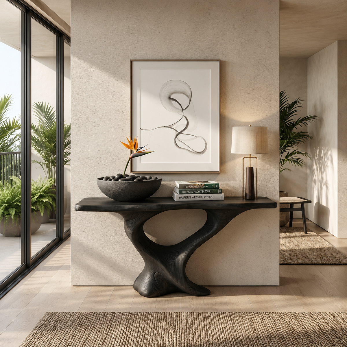 Farmhouse Solid Wood Console Table with Live Edge Details in Black finish