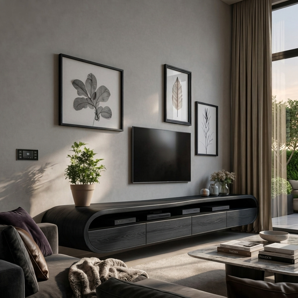Modern Floating Solid Wood TV Console with Rounded Contours in Black finish