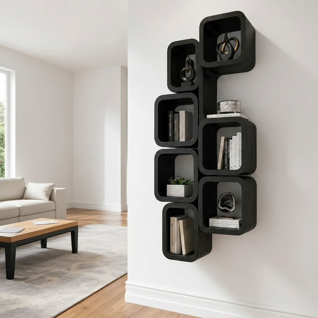 Wall-Mounted Solid Wood Bookshelf with Interlocking Squares in Black finish