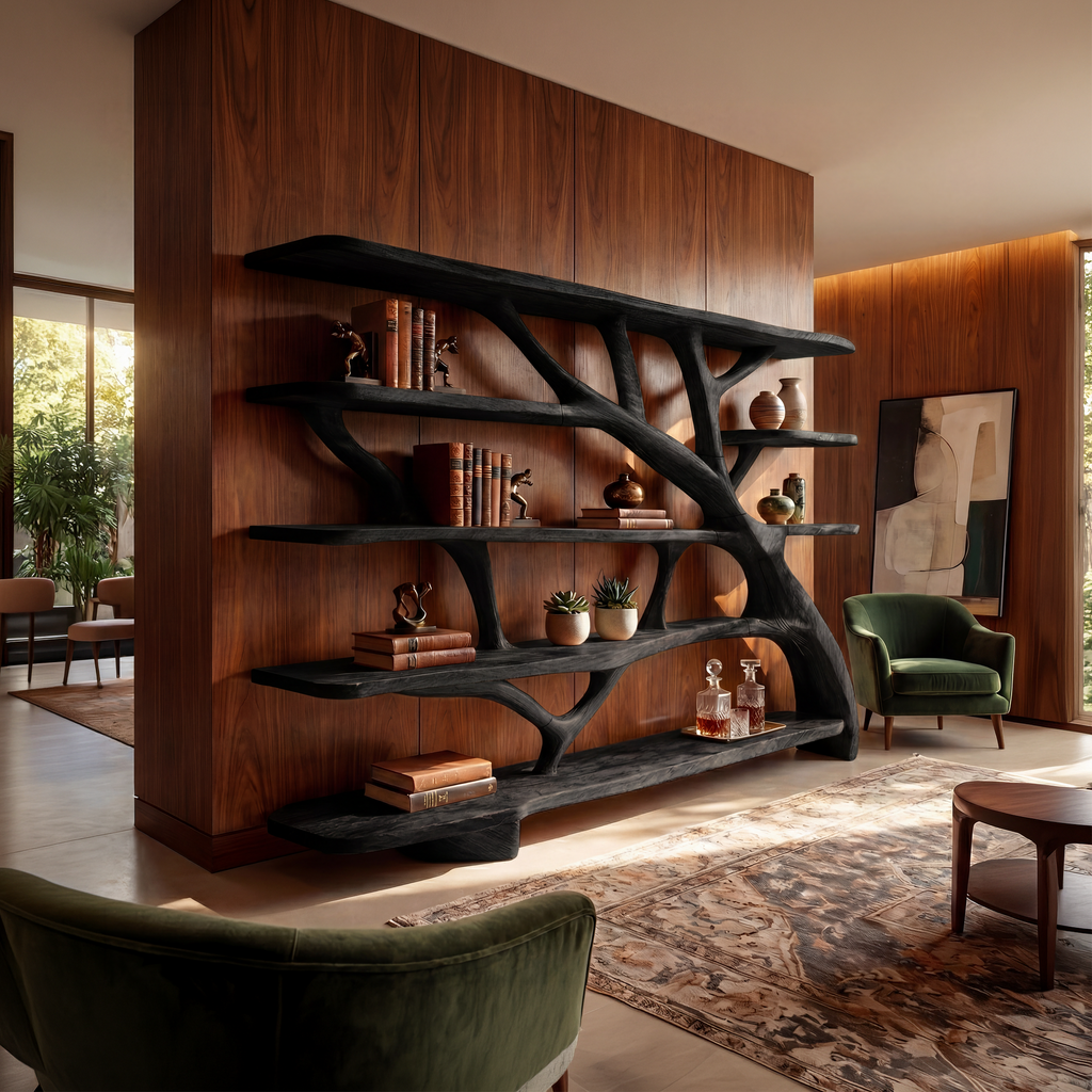 Wavy Sculptural Solid Wood Bookcase with Asymmetrical Shelves in Black finish