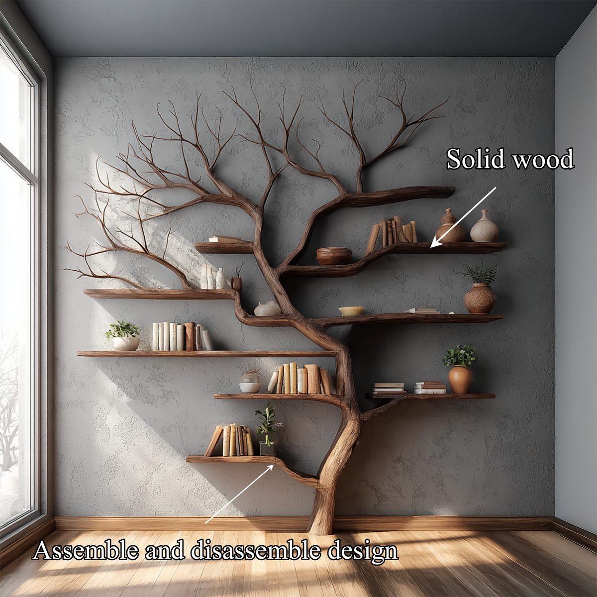 Rustic Tree Branch Floating Wall Bookshelf, 60 x 60 Inch - view 6