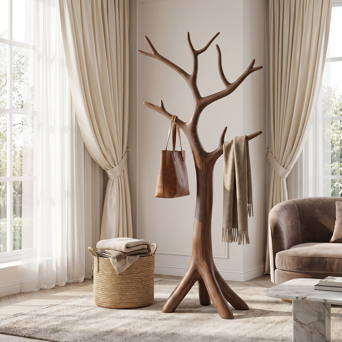 Driftwood Branch Wall Coat Rack for Entryway and Bedroom in Walnut finish
