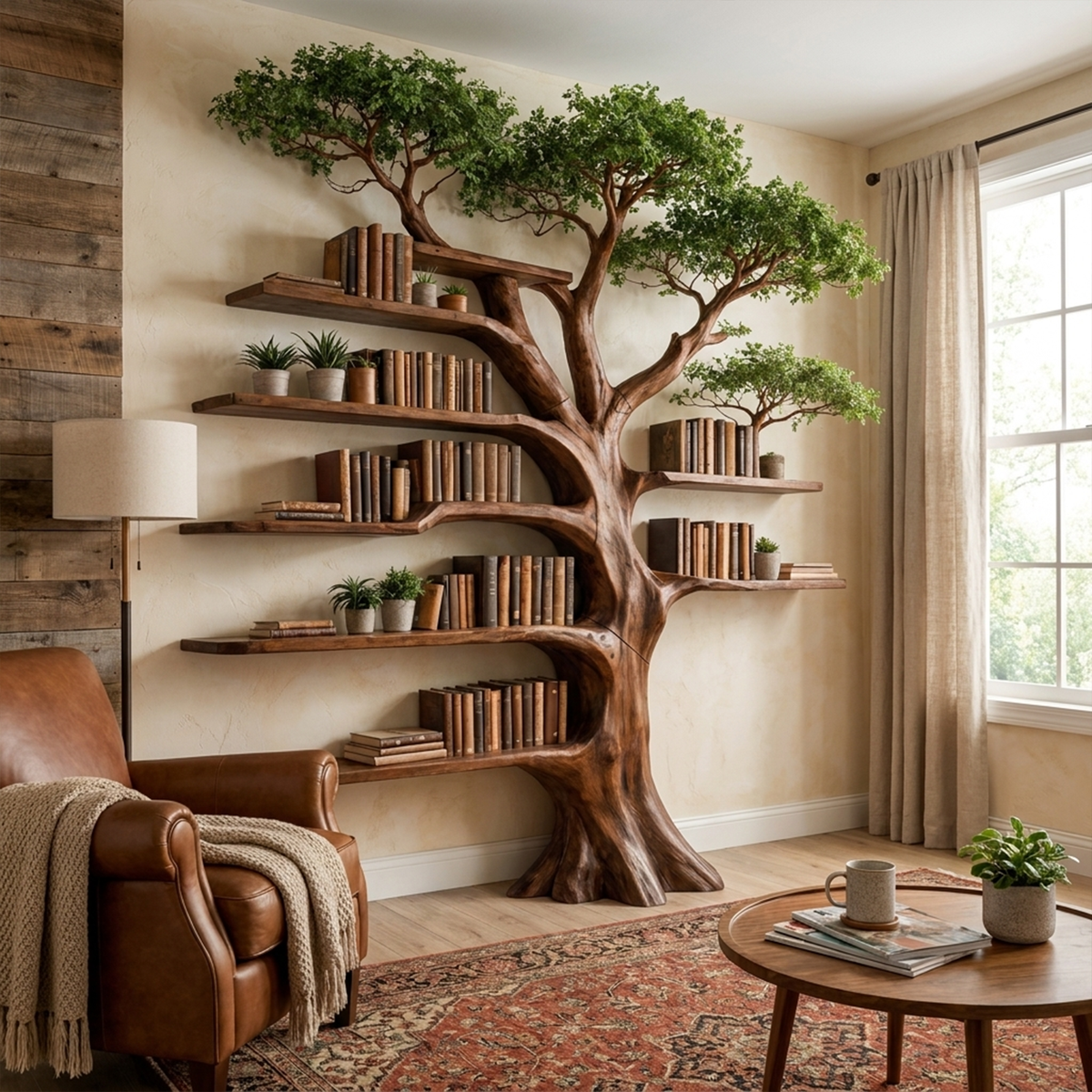 Solid Wood Tree Bookcase with Built-In Reading Bench in Walnut finish