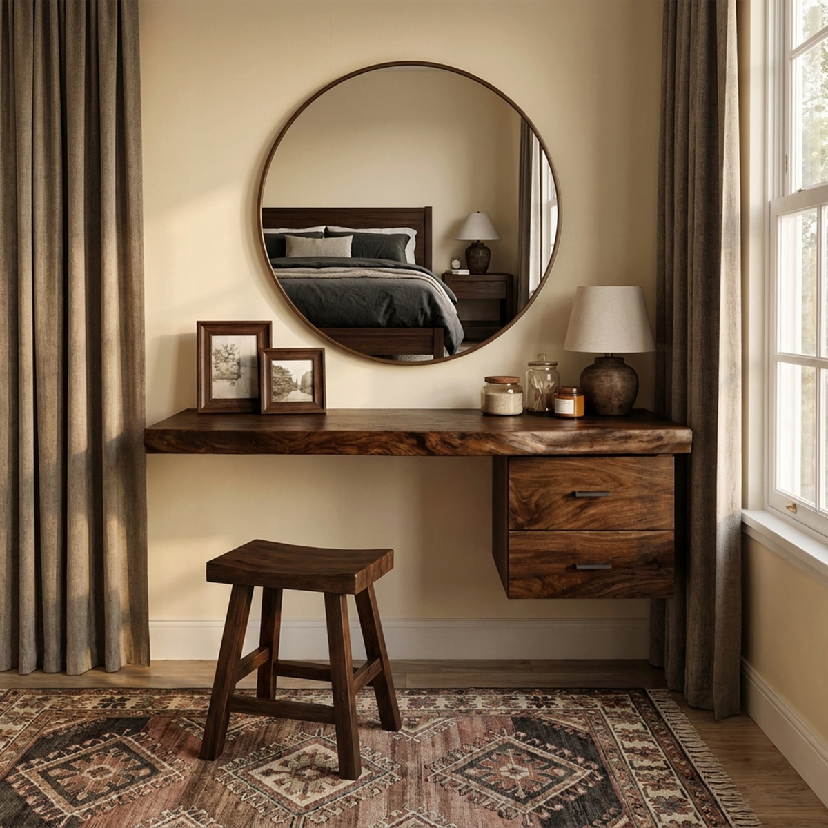 Floating Solid Wood Dressing Table with Drawer for Bedroom in Walnut finish