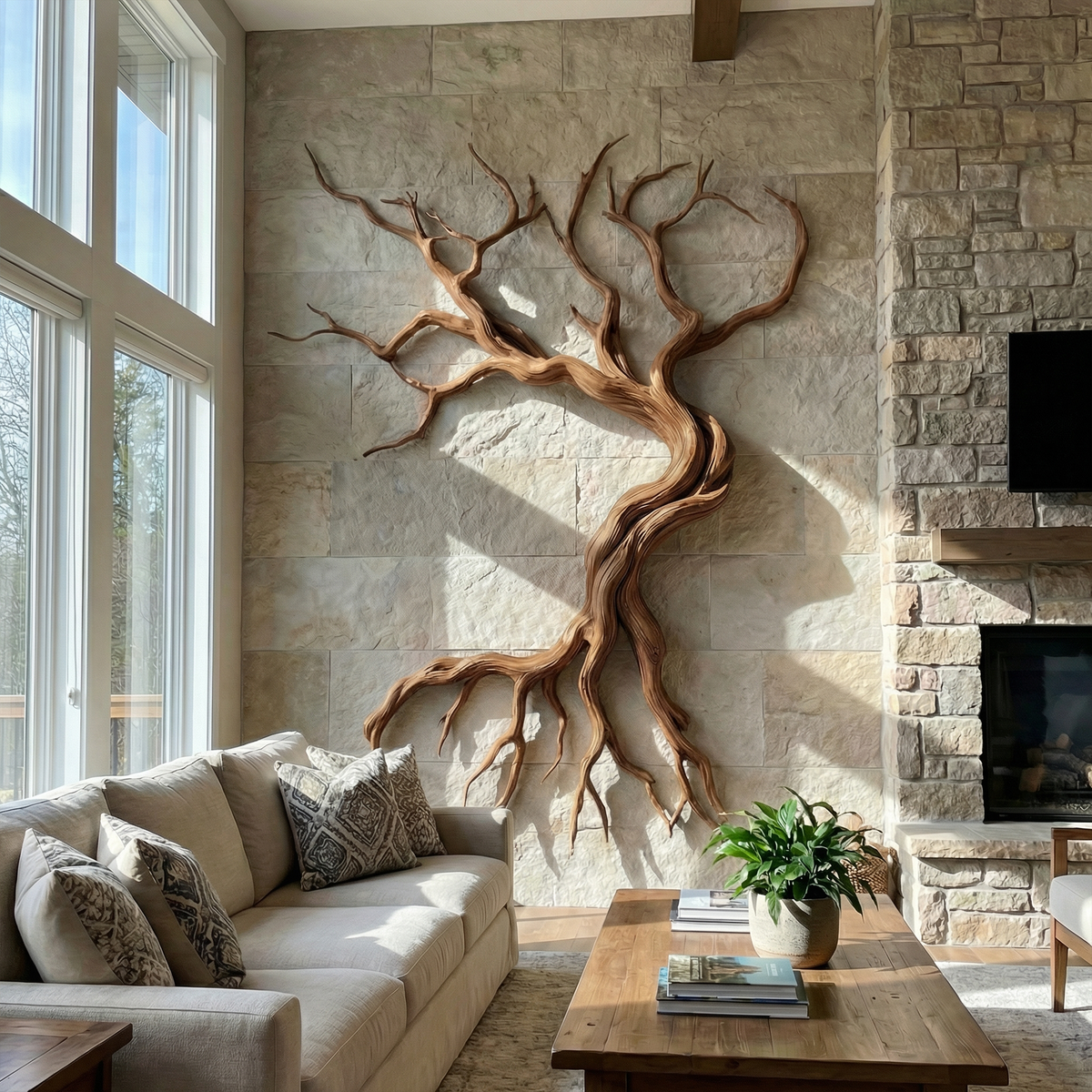 Modern Tree Branch Wood Wall Sculpture for Living Room in Walnut finish