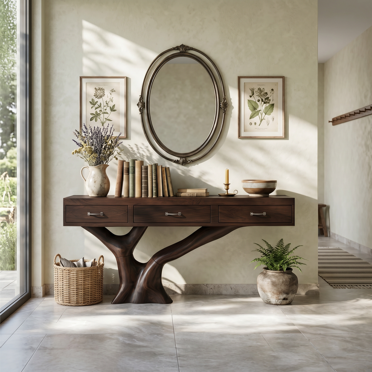 Farmhouse Live Edge Solid Wood Entryway Table in Walnut finish