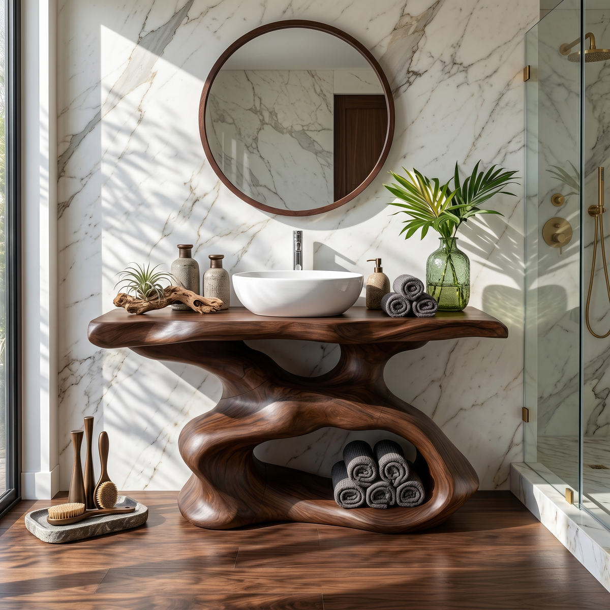 Farmhouse Solid Wood Bathroom Vanity with Weathered Finish in Walnut finish