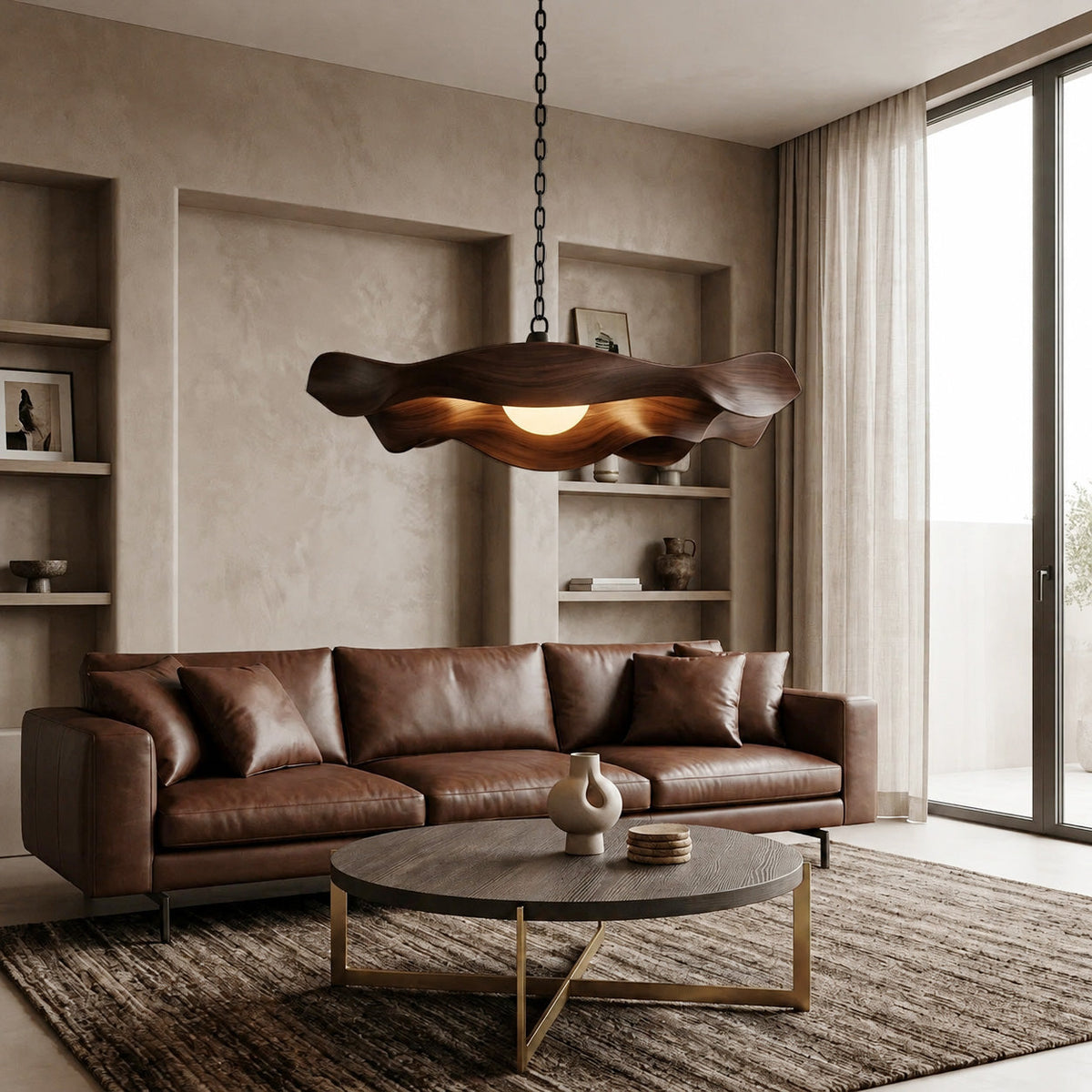 Modern Sculptural Solid Wood Pendant Light with Flowing Contours in Walnut finish