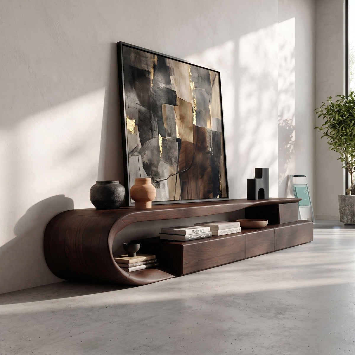 Modern Curved Solid Wood TV Console with Drawers and Open Shelf in Walnut finish